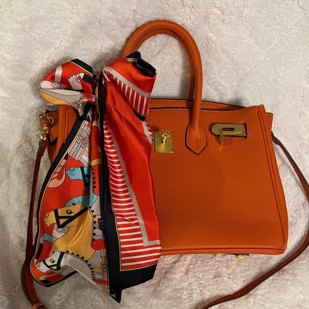 Orange Vegan Leather Handbag with Scarf